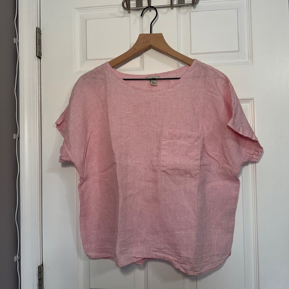 LL Bean Womens Petite L Pink 100% Linen Top Blouse lagenlook boxy minimalist